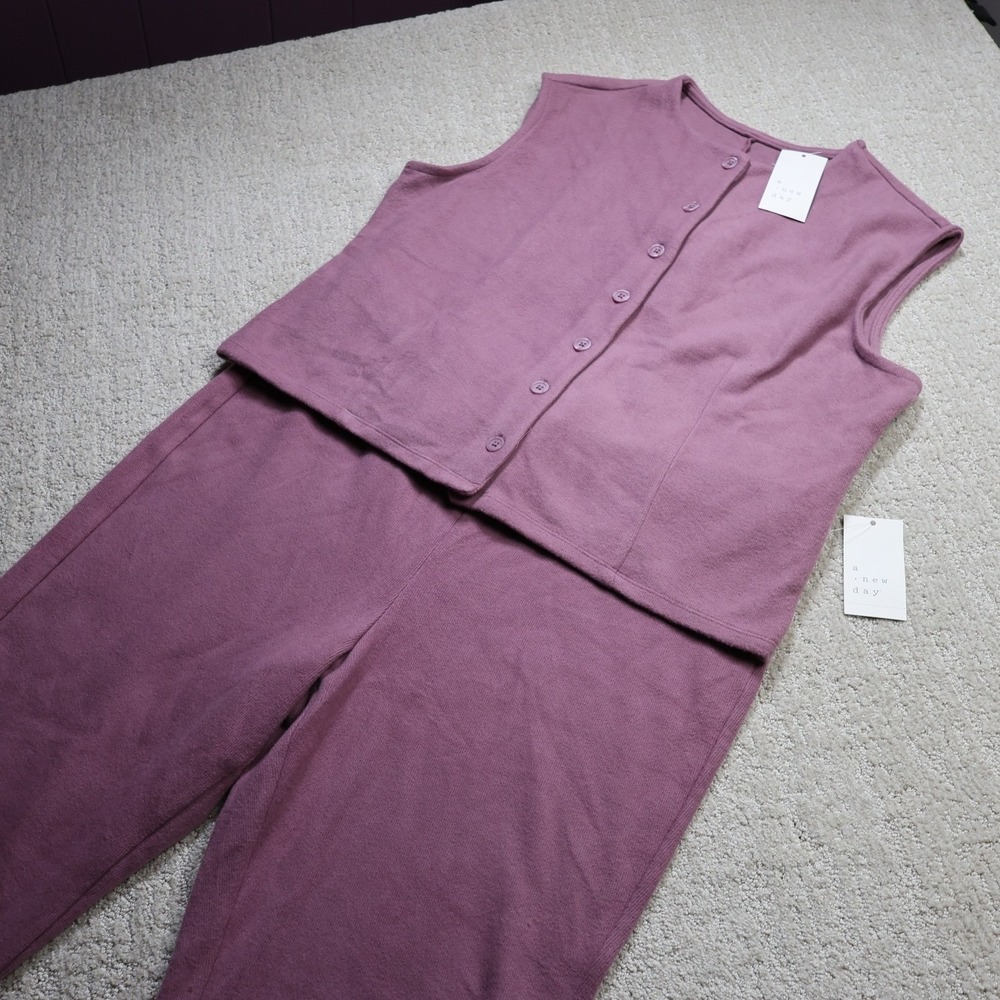 A New Day Mauve Knit Matching Set Sleeveless Button Top Wide Leg Pants XL NWT